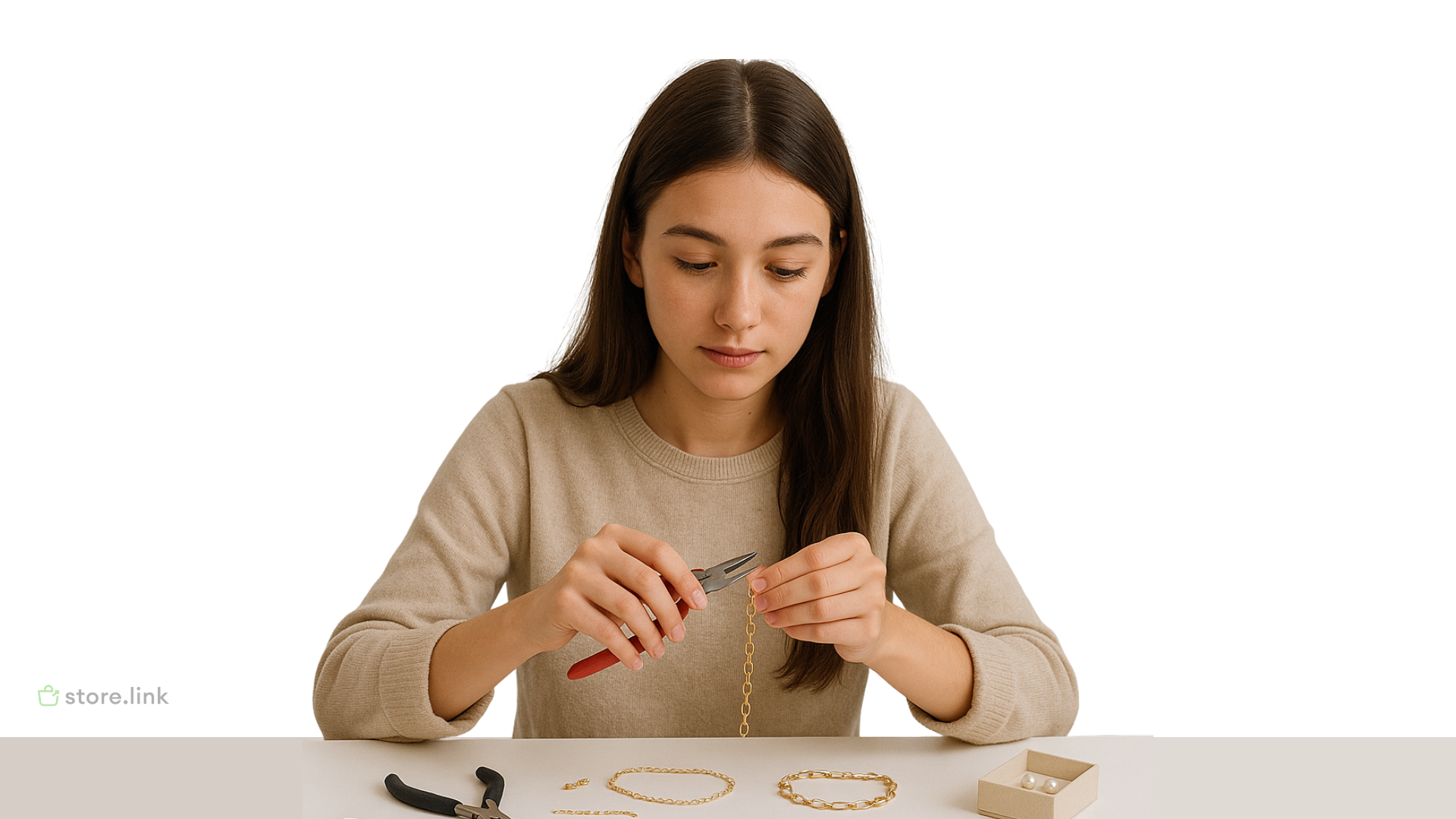 A woman making her own jewelry for her online jewelry website made using store.link